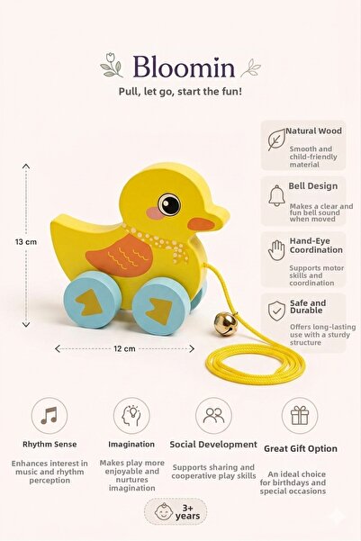 Bloomin Wooden Pull-Along Animal Figured Pull Toy with Bell Educational Walki...