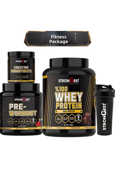 STRONGEST Fitness Package, Chocolate Flavored Whey Protein, Creatine, Pre-Wor...