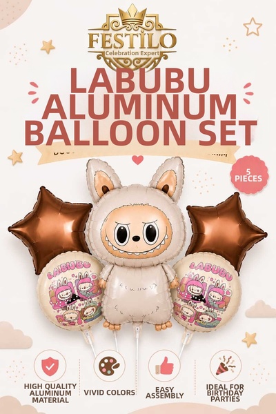 FESTİLO Labubu Foil Balloon Set 5 Pieces Mini Party Decoration Balloon Orname...