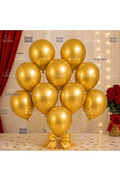 Parti Dükkanı 10 Pieces Gold Balloon Set Helium Compatible Metallic Gold Colo...