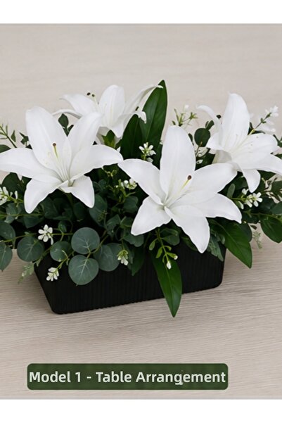 moysahsap party&ahşap Artificial White Lily Arrangement Flower with Black Pot...