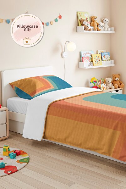 Evimde Bambaşka Geometric Blue Young Room Single Pique Set - Orange Retro 160...