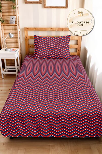 Evimde Bambaşka Red Blue Zigzag Geometric Teen Room Single Pique Set - Stripe...
