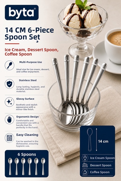 BYTA 14 cm Stainless Steel Set of 6 Ice Cream, Dessert, and Coffee Spoons – P...