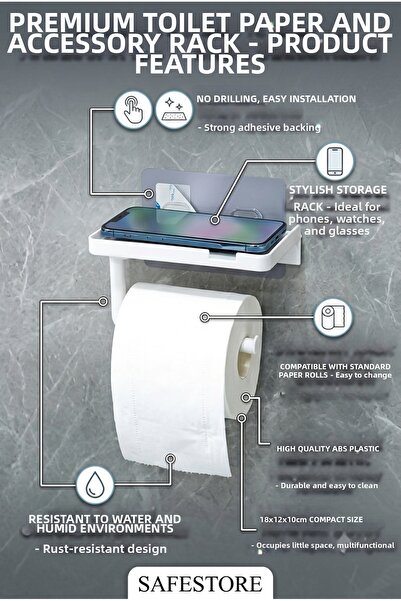 safestore Toilet Paper Holder with Adhesive Shelf and Smartphone Stand Bathro...