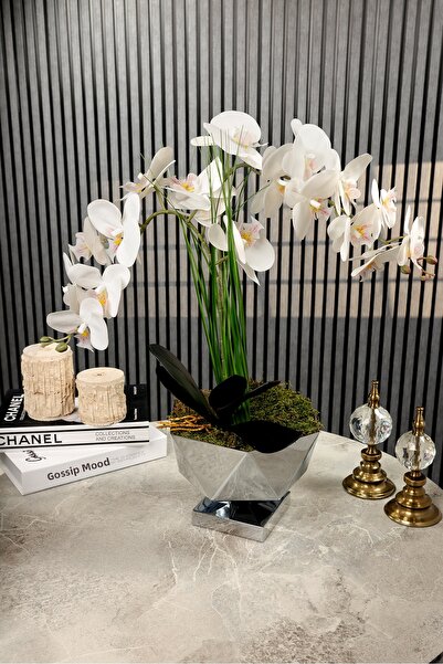 Yaren Style Aura White Artificial Orchid Metal Vase Decorative Home Office Li...