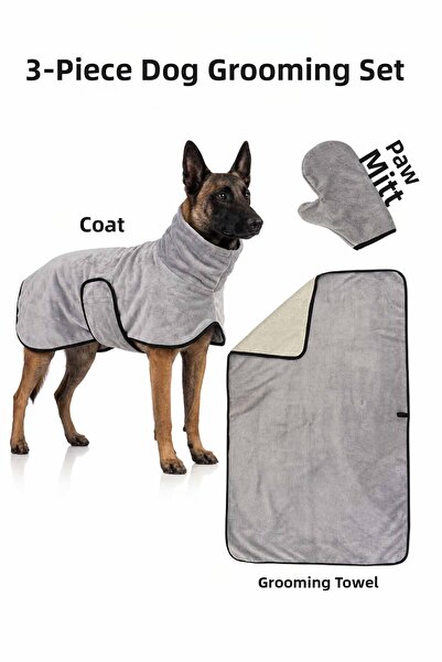 VEVİEN HOME 3-Piece Dog Drying Set Bathrobe-Towel-Paw Gloves Super Water Abso...