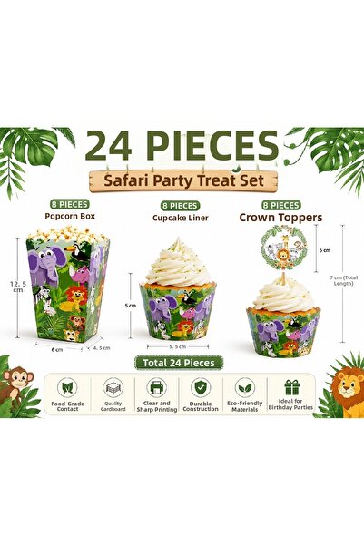 BKMC PARTY Set de petrecere Safari 24 piese – 8 forme pentru cupcake, 8 ornam...