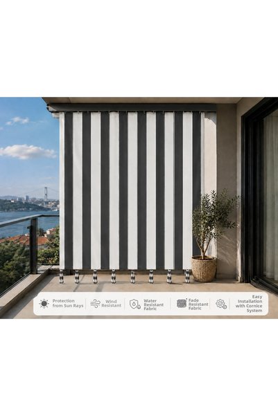 DEVRİM OLİVYA TEKSTİL Gray White Cornice Outdoor Sunshade Wind-Resistant Balc...