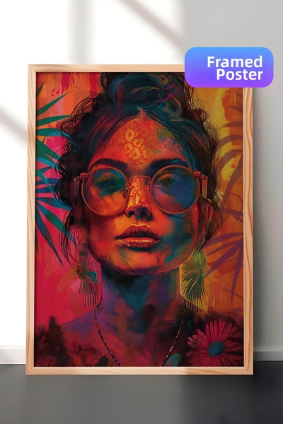 Zestia Pictură murală modernă de artă digitală cu ramă din lemn, portret colo...