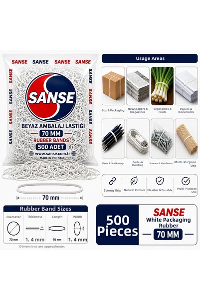 Sanse White Packing Rubber Bands 70 mm – 500 Pieces Strong and Flexible Packaging Rubber Bands