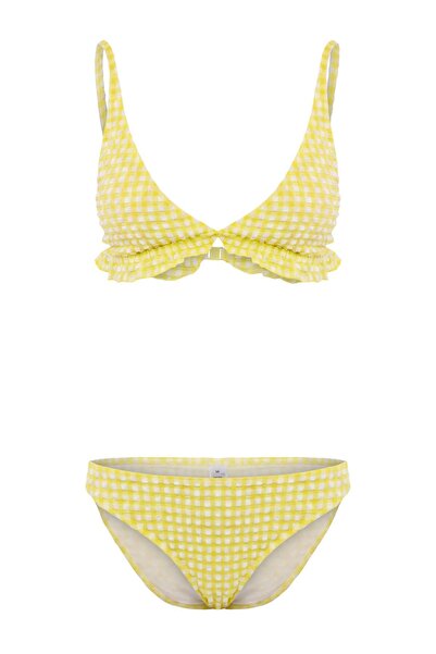 Συλλογή Trendyol Κίτρινο καρό μοτίβο με τριγωνική υφή, βολάν, καλυμμένο, χαμη...