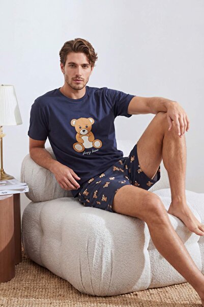 Trendyol Kollektion Marineblaues Sommer-Strickpyjama-Set für Paare mit Teddyb...