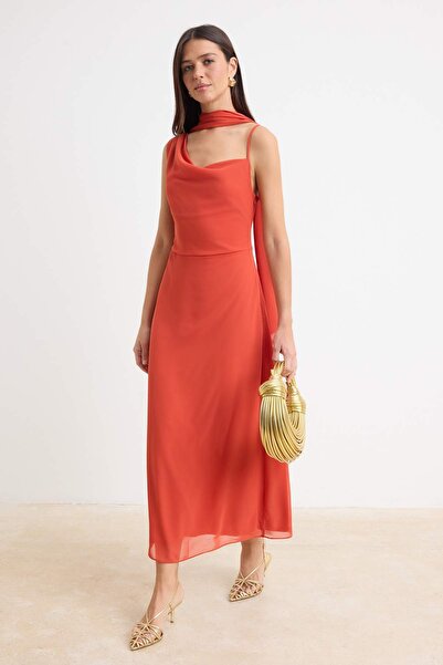 Trendyol Collection Pomegranate Flower Chiffon Lined Maxi Woven Dress Twoss26...