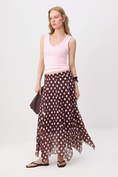 Trendyol Collection Pink Polka Dot Lined Maxi Knitted A-Line Asymmetrical Ski...