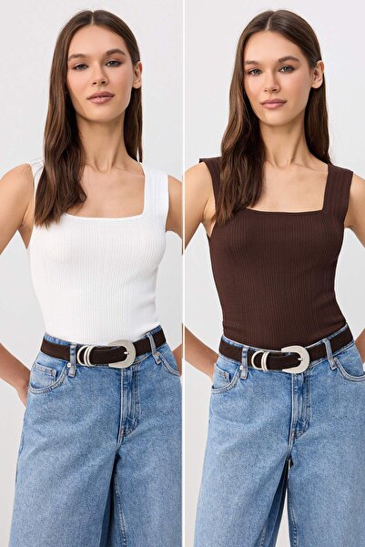 Trendyol Collection Ecru-Brown Basic Double Pack Top Thin Knitwear Blouse Two...