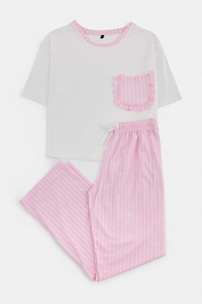 Trendyol Collection White-Pink Striped Knitted Pajama Set with Pockets Thmaw2...