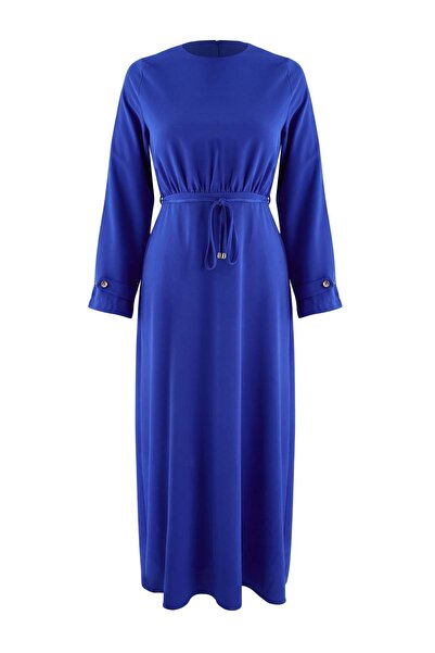 Trendyol Modest Blue Gold Accessory Detailed Skater/Waist Opening Maxi Woven ...