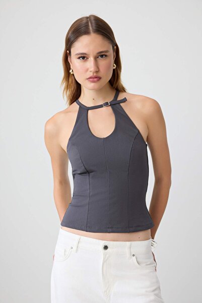Trendyol Collection Anthracite Plain Fitted Keyhole Collar Accessory Detailed...