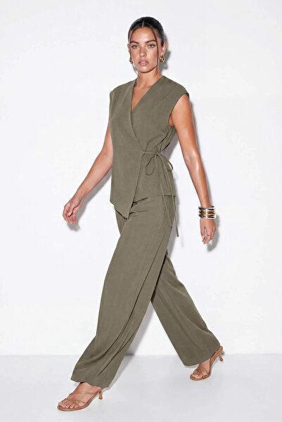 Trendyol Collection Khaki Kuruvaze Collar Belted Top Relaxed Cut Pants Bottom...