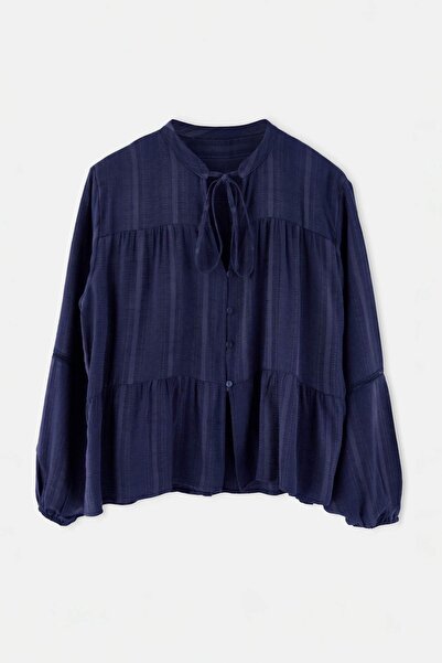 Trendyol Curve Navy Blue Cotton Textured Fabric Regular Fit Woven Shirt with ...