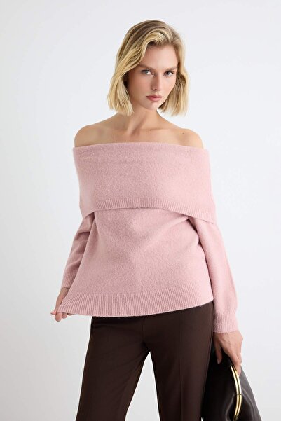 Trendyol Collection Pulover tricotat cu guler Carmen, roz, cu textură moale T...