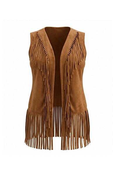 Trendyol Collection Tan Tassel Detailed Suede Regular Suede Knitted Vest Twoa...