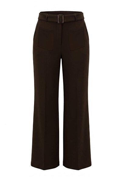 Trendyol Collection Brown Pocket and Belt Detailed Wide Leg Fabric Trousers T...