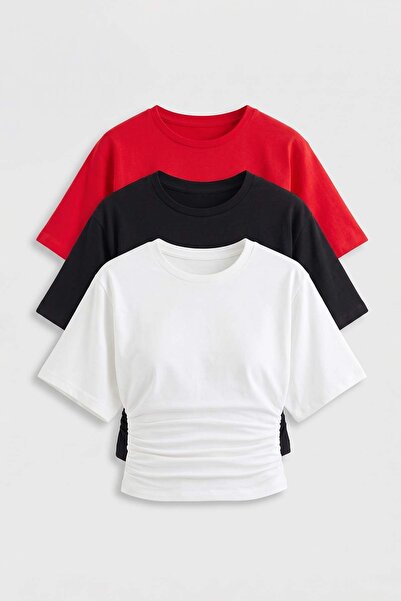 Trendyol Collection 3 Pack Black-White-Red Plain Fitted Gathered Cotton Stret...