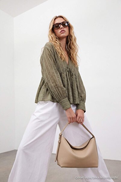 Drop by TrendyolMilla Oil Green V-Neck Linen-Blend Long-Sleeve Tencel Blouse ...