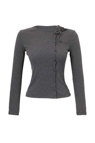 Trendyol Collection Anthracite Melange Plain Fitted Crew Neck Buttoned Tie De...