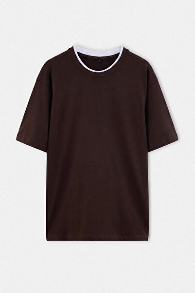 Trendyol Collection Brown Regular Off-Shoulder 100% Cotton Collar Detailed T-...