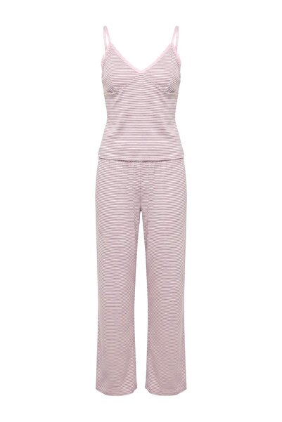 Trendyol Collection Grey-Pink Lace Detailed Striped Knitted Pajama Set Thmaw2...