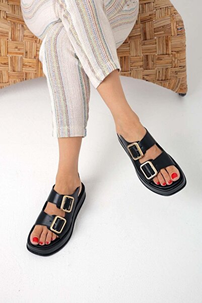 Beyond Γυναικεία Μαύρα Cpt Wedge Heeled Δερμάτινα Σανδάλια με διπλό λουράκι μ...