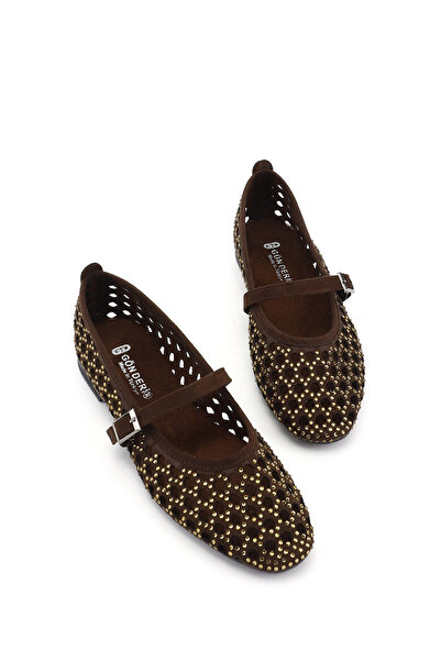 GÖNDERİ(R) Γυναικείο καφέ Σουέτ Πέτρα Mary Jane Μπαλαρίνα