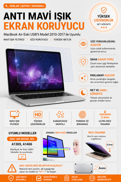 Mcstorey Macbook Air Ekran Koruyucu Mavi Işık (ESKİ USB'Lİ MODEL 2010-2017) A...