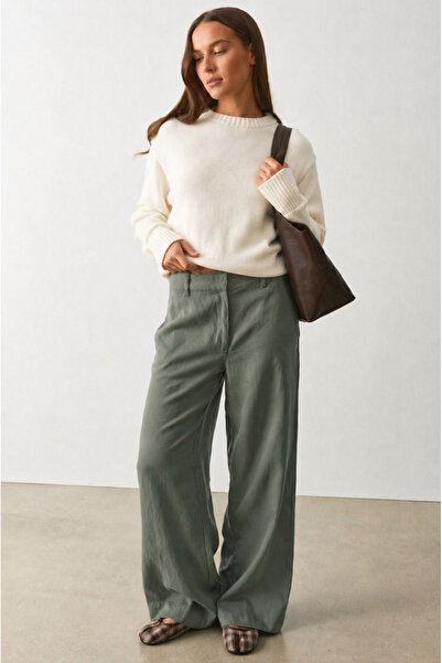 Madmext Χακί Ψηλόμεσο Λινό Παντελόνι με Φαρδιά Μπατζάκια MG2718