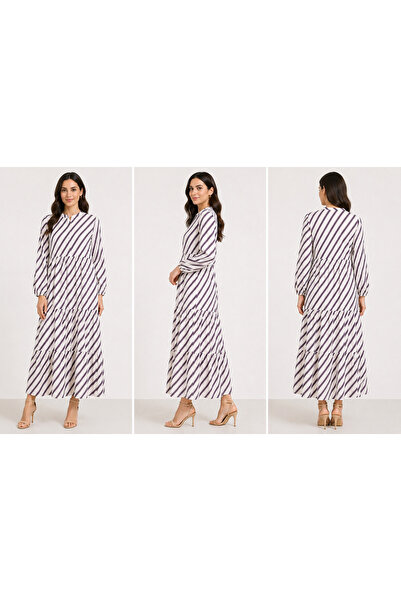 LINELLE Black & White Diagonal Stripe Tiered Casual Dress