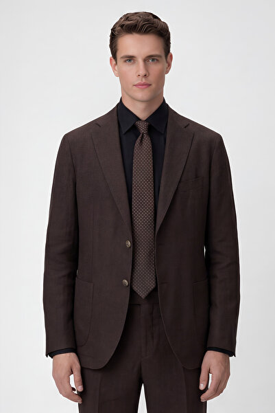 Sabri Özel Erkek Kahve Dar Kesim Slim Fit %100 Keten Mono Yaka Astarsız Çift ...