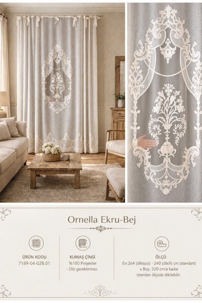 CASA NATURALE Ornella Keten Görünümlü Süzene Nakışlı Panel Perde 7189-01-392