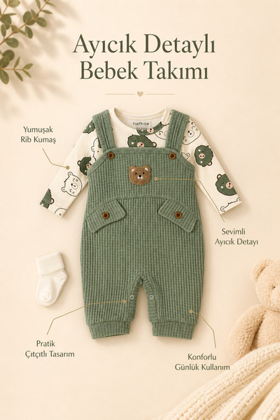 MYZİ STORE Bebek Erkek 2'li Tulum Takımı - Üst Giyim ve Ayı Nakışlı Salopet