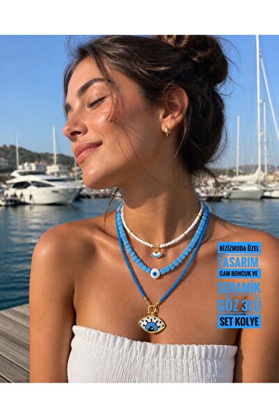 bizizmoda Seramik El Yapimi Gold Göz Kum Boncuk Bodrum Mavi Nazar Göz Kolye T...