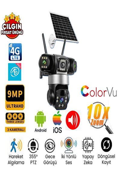 SLTECH 302 AOV (3+3+3) 9MP 4G Sim Kartlı Solar Panelli 3 Lens 1 PTZ Gece Görü...