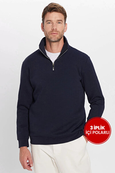 Tudors Unisex Relax Fit Rahat Kesim Pamuklu İçi Polarlı Yarım Fermuarlı Lacivert Dik Yaka Sweatshirt