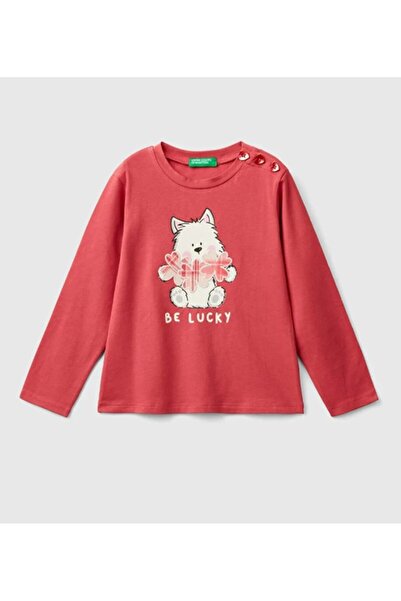 United Colors of Benetton Baby Girl Be Lucky Printed T-Shirt with Bear Gkb1045