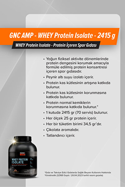 GNC WHEY Protein Isolate - Yüksek Protein İçeren Spor Gıdası - Çikolata Aromalı