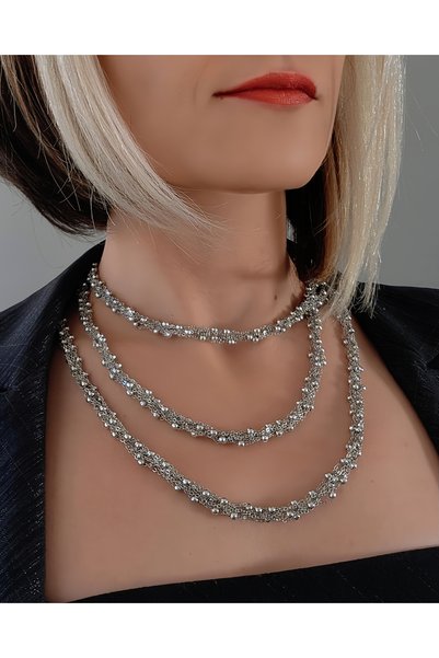 Eva Takı Store Ball Chain Modular Knitted Steel Chain Long Concept Silver Color Necklace