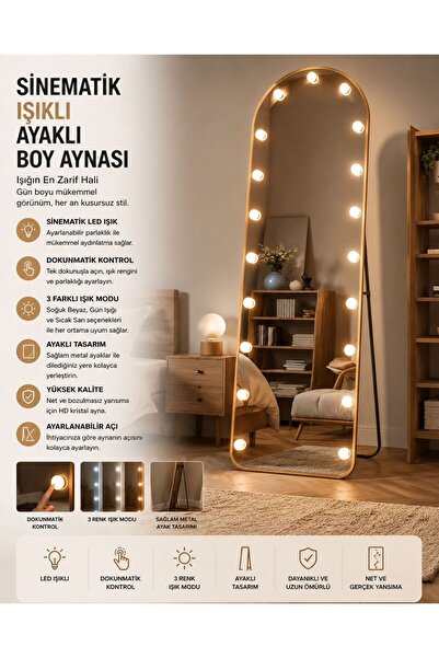 Myplas Modern Sinematik Işıklı Ayaklı Boy Aynası Metal Çerçeveli Oval Tasarım