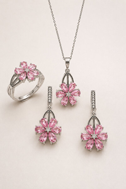 Siset Gümüş 925 Ayar Rodyum Kaplama Pembe Zirkon Taşlı Lotus Çiçeği Gümüş Set