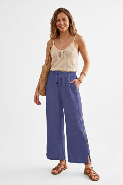 Muslin Trousers, Comfortable Fit Wide Cut Wide Leg High Waist Trousers Indigo Blue